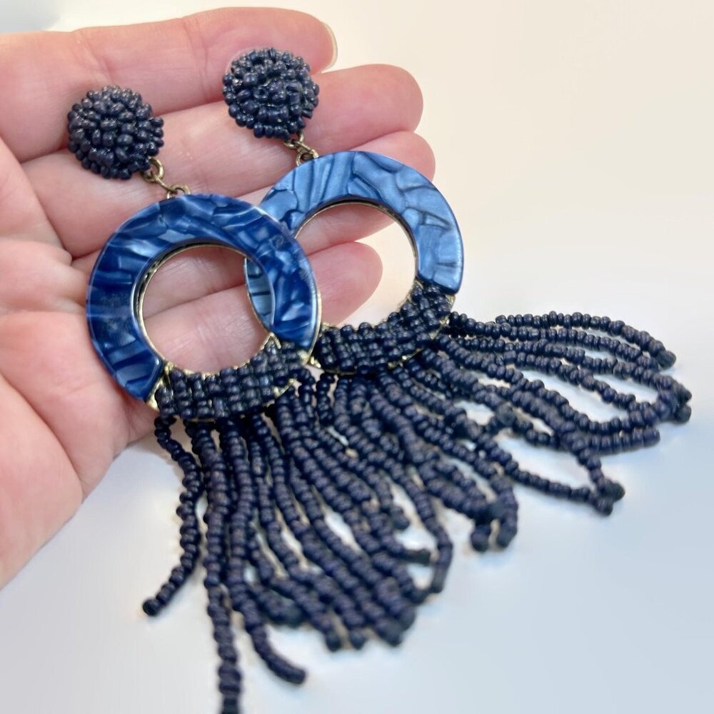 Blue Earrings, Big, Beaded, Vintage, 90s, Pierced, Dangle, 4 1/2" Long, Glass